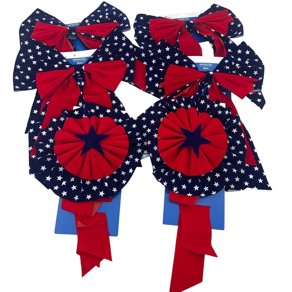 6pc Patriotic Bow and Rosette Set Red White Blue Stars July 4th Americana Decor